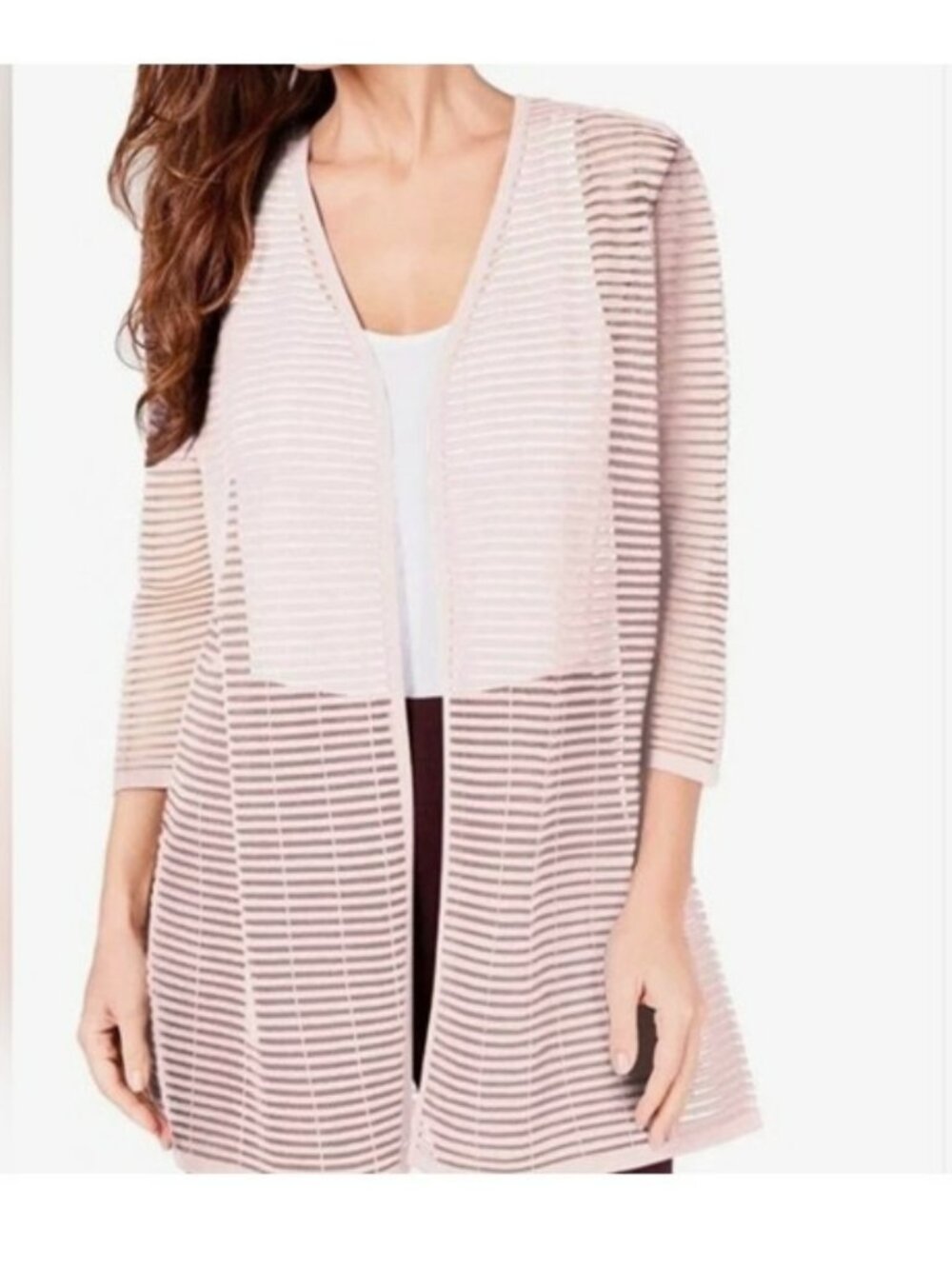 Alfani Woman Illusion Sheer Stripe Cardigan Top Size 1X Pale Pink 3/4 Sleeves